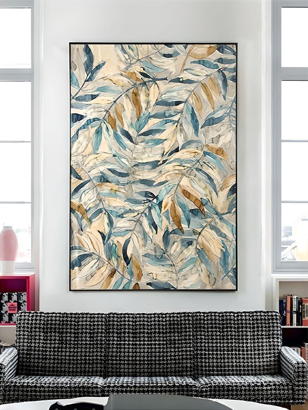 

THE HANDMADE FLAIR Beige & Blue Leaves Painting Wall Art