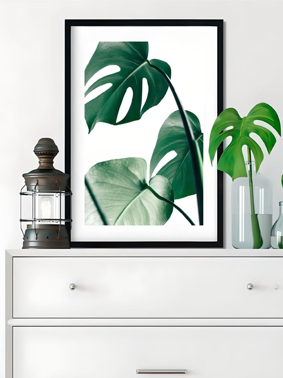THE HANDMADE FLAIR Off-White & Green Tropical Leaves Painting Wall Art