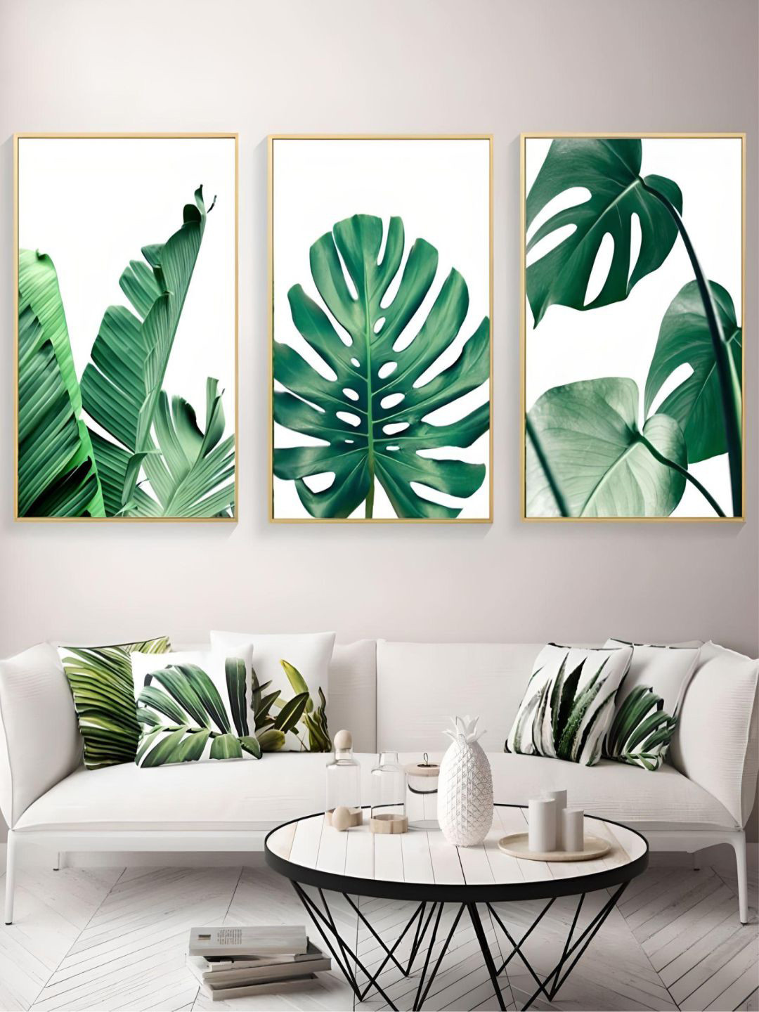 

THE HANDMADE FLAIR White & Green 3-Pieces Abstract Printed Framed Wall Art