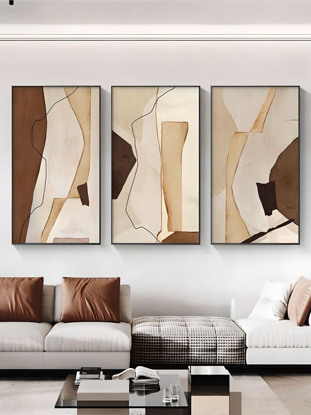 

THE HANDMADE FLAIR Crystal Porcelain Beige & Brown 3 Pieces Abstract Painted Wall Arts