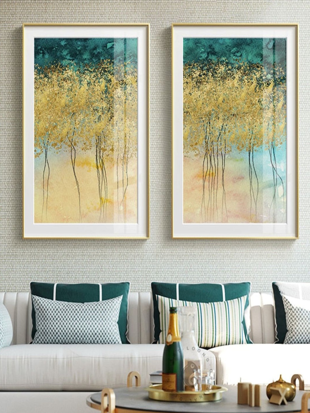 

THE HANDMADE FLAIR Crystal Porcelain Green & Beige 2Pcs Leaf Trees Painted Framed Wall Art