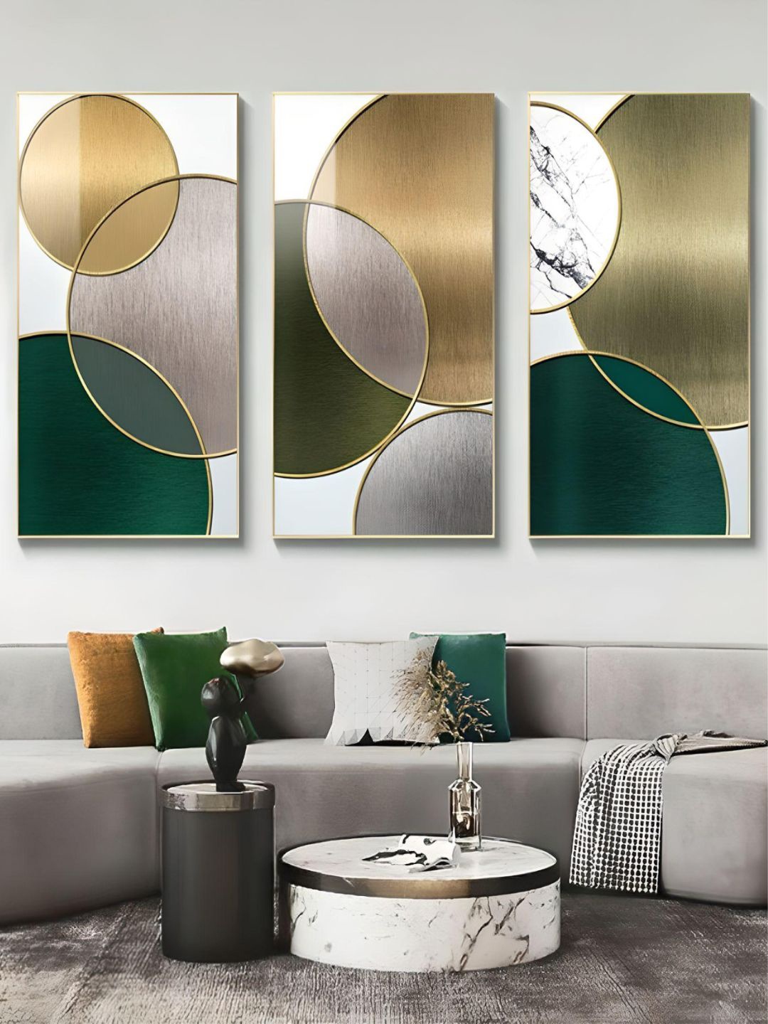 

THE HANDMADE FLAIR Beige & Grey 3 Pcs Crystal Porcelain Abstract Geometric Wall Art