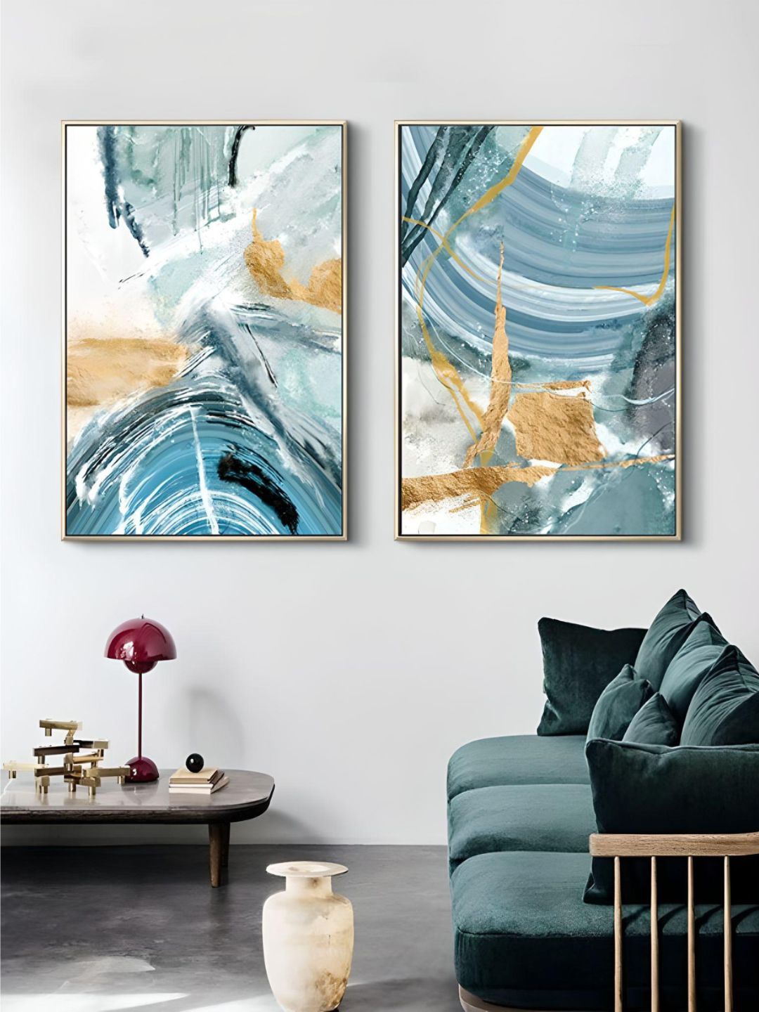 

THE HANDMADE FLAIR Crystal Porcelain Blue & Grey 2 Pieces Abstract Painting Wall Arts