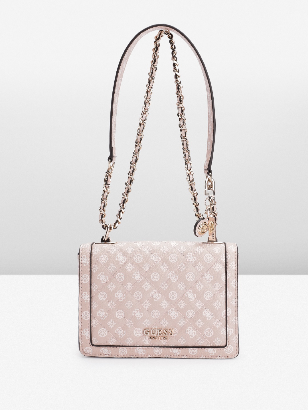 

GUESS Women Brand Logo Print Quilted Structured Sling Bag, Nude