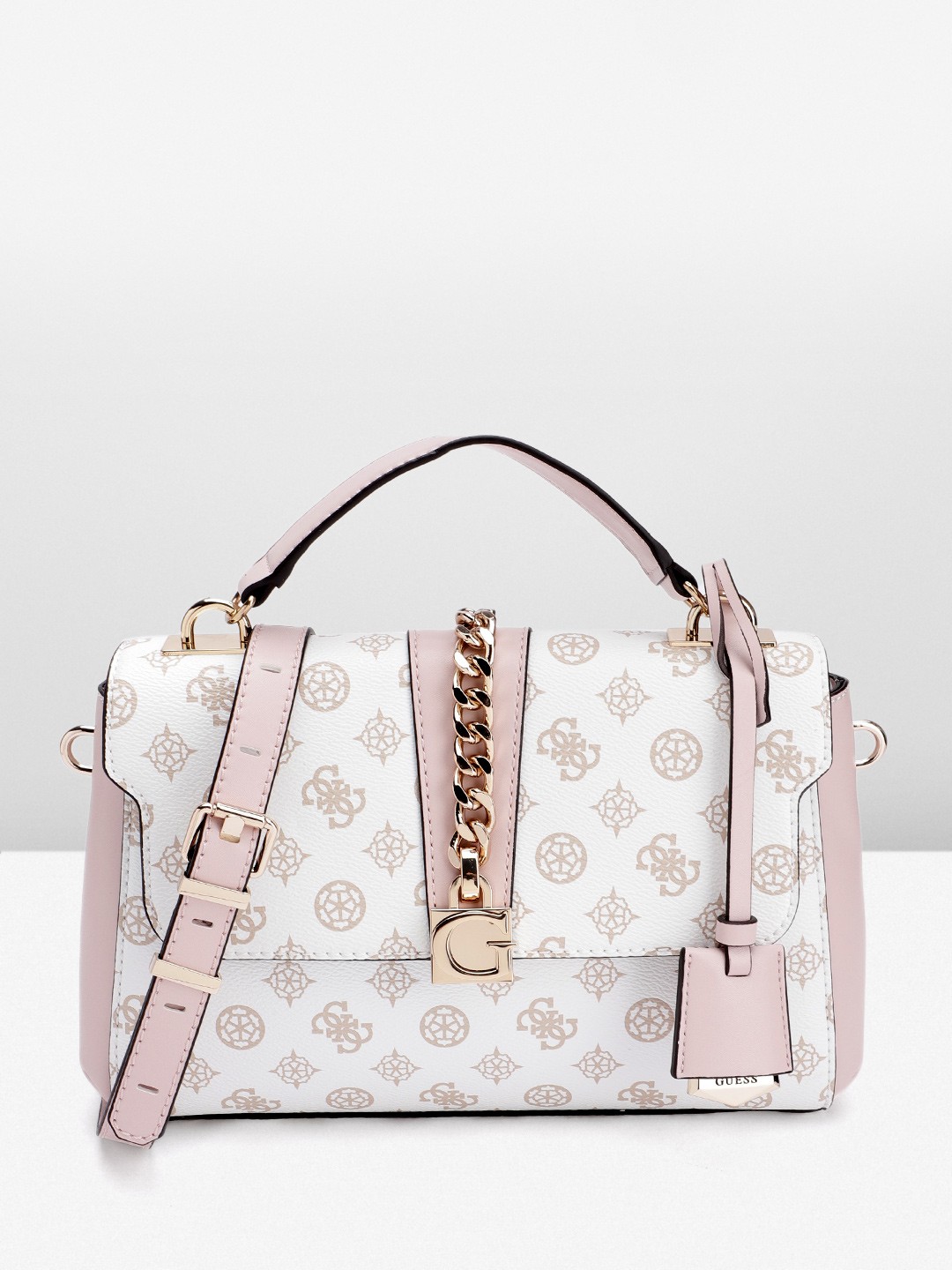 

GUESS Women Brand Logo Print Structured Satchel Bag, White