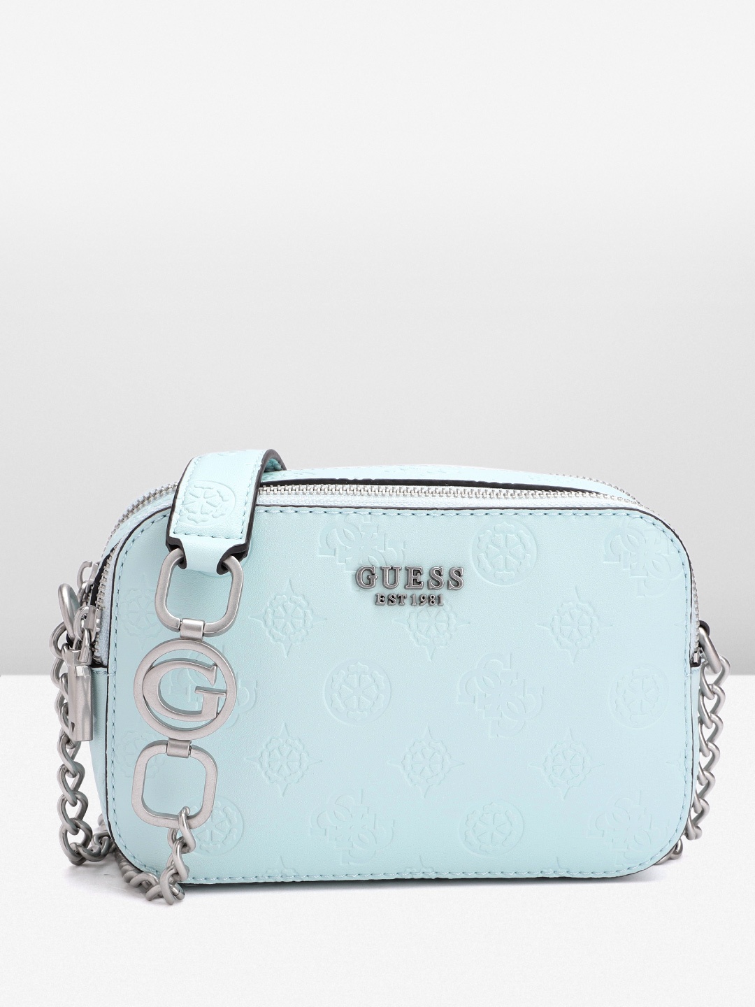 

GUESS Women Ethnic Motifs & Brand Logo Textured Structured Sling Bag, Turquoise blue