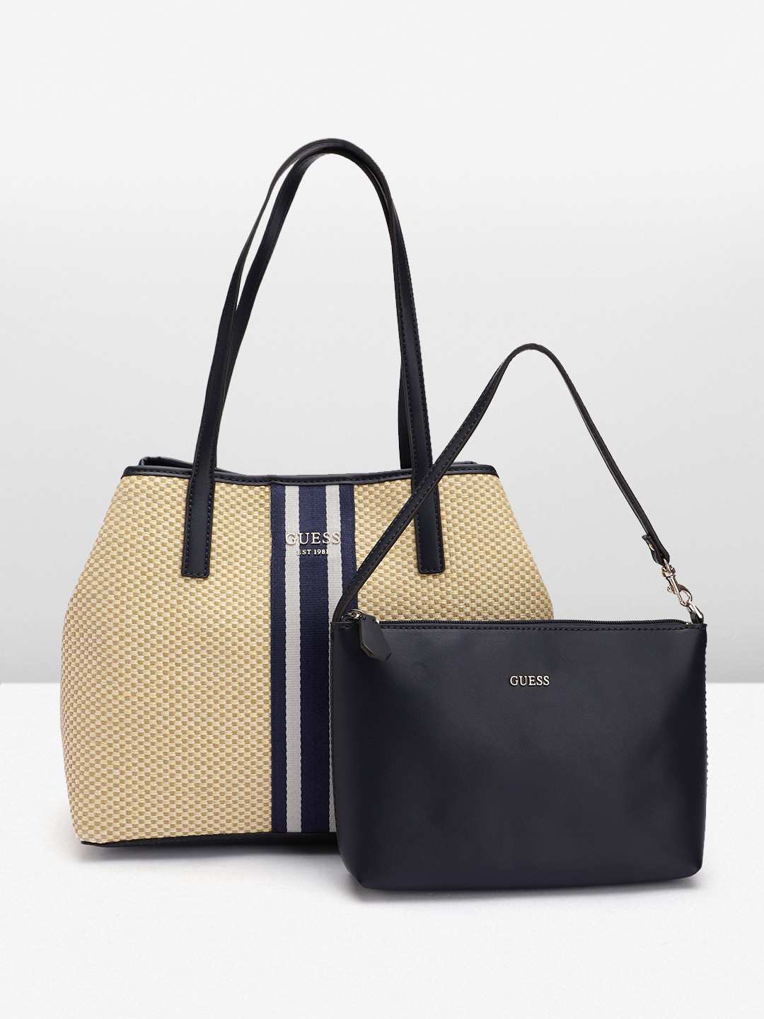 

GUESS Basket Weave Structured Shoulder Bag with Pouch, Beige