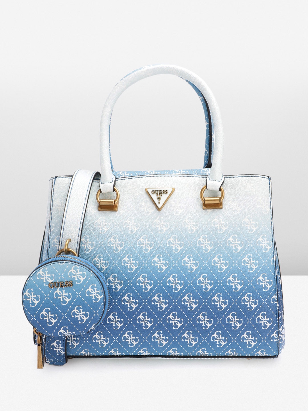 

GUESS Brand Logo Printed Structured Handheld Bag with Mini Pouch, Blue