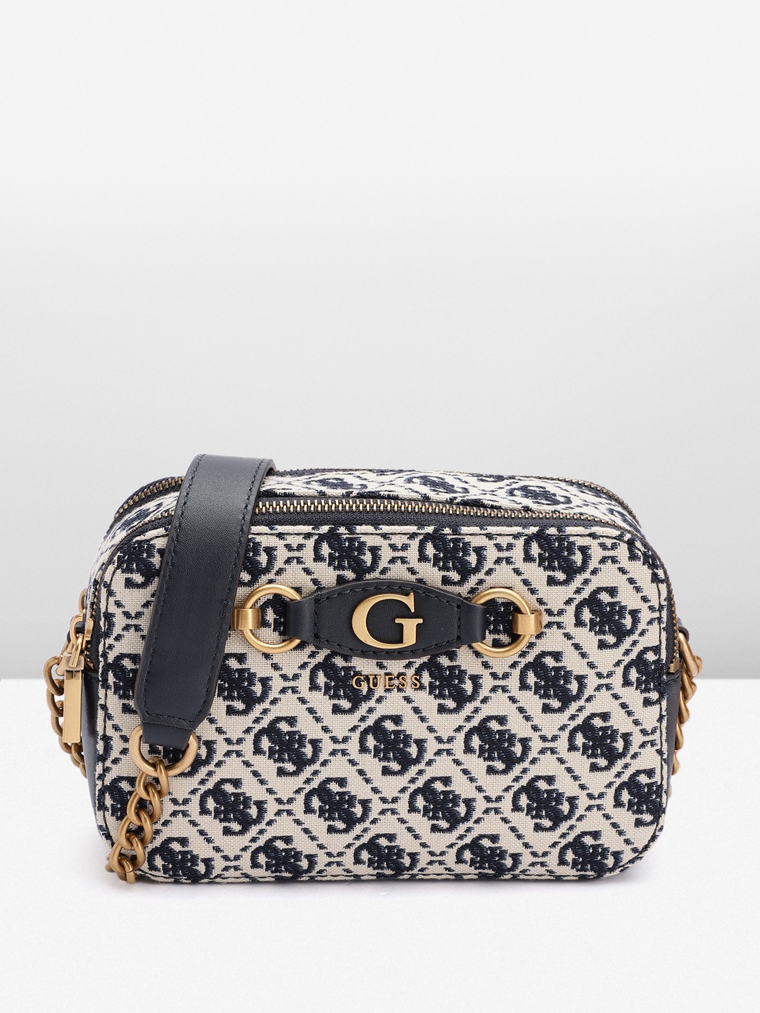 

GUESS Brand Logo Woven Design Structured Sling Bag, Blue