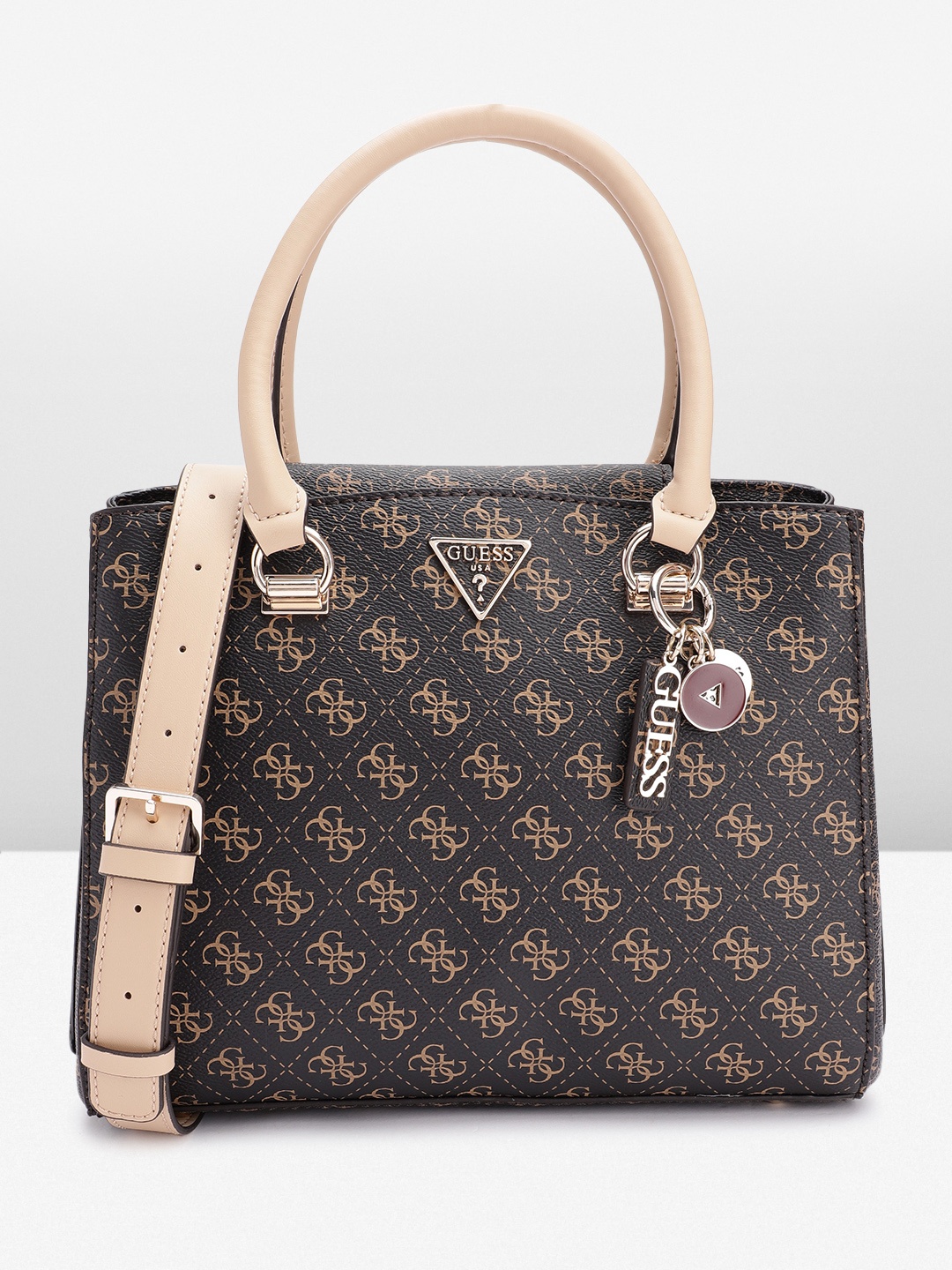 

GUESS Brand Logo Printed Structured Handheld Bag, Brown