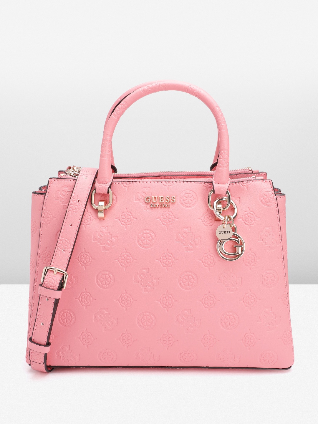 

GUESS Brand Logo Textured Structured Handheld Bag, Pink