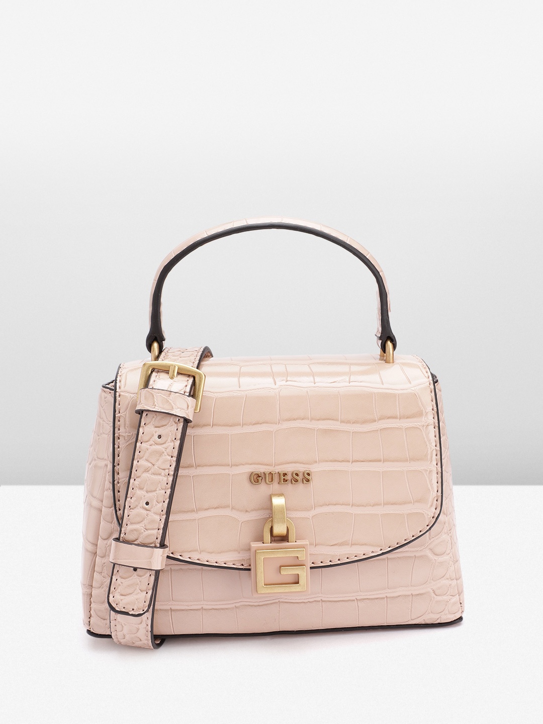 

GUESS Women Croc Textured Structured Satchel Bag, Beige