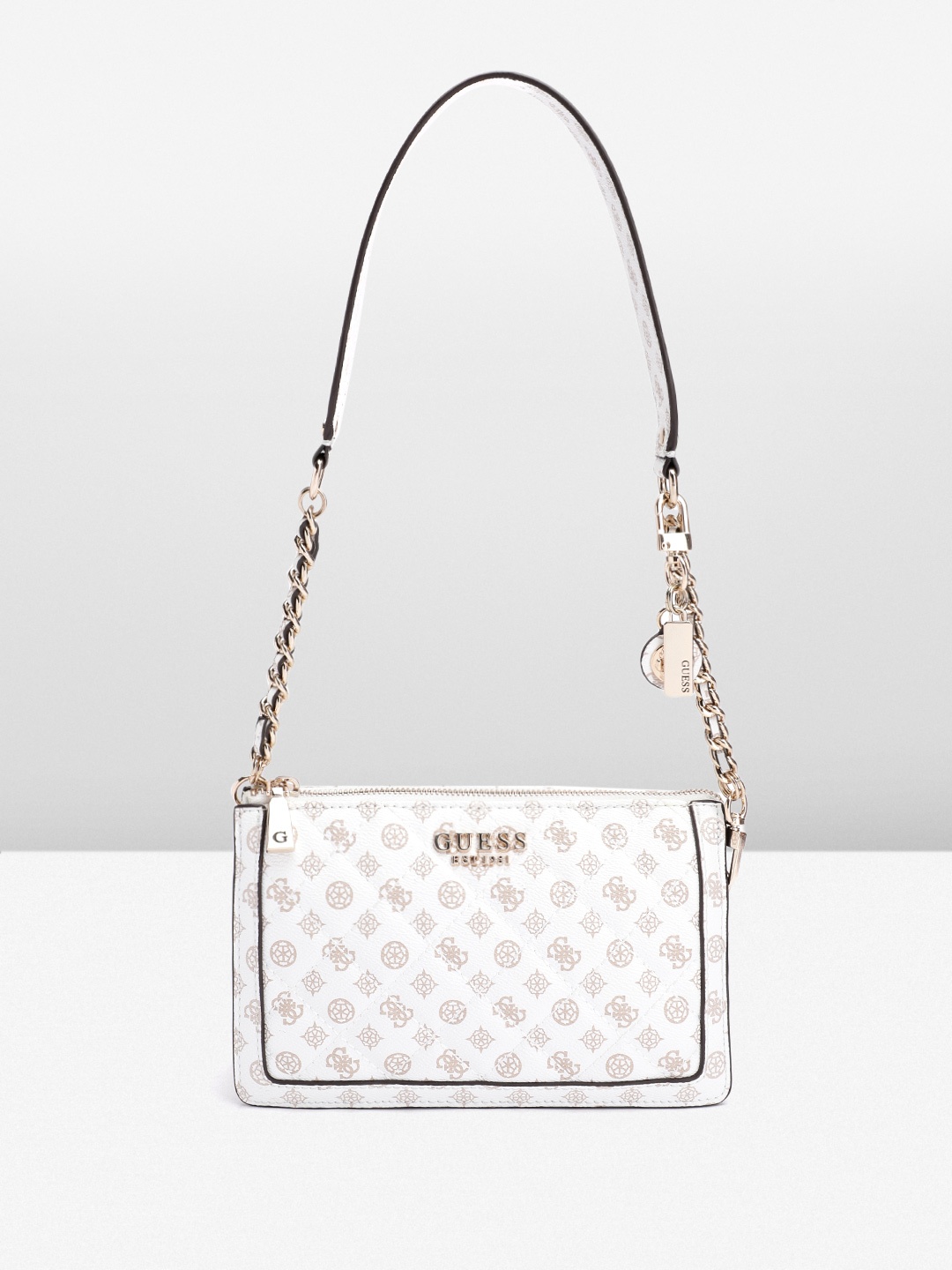 

GUESS Women Ethnic Motifs Printed Structured Shoulder Bag with Quilted Detail, White