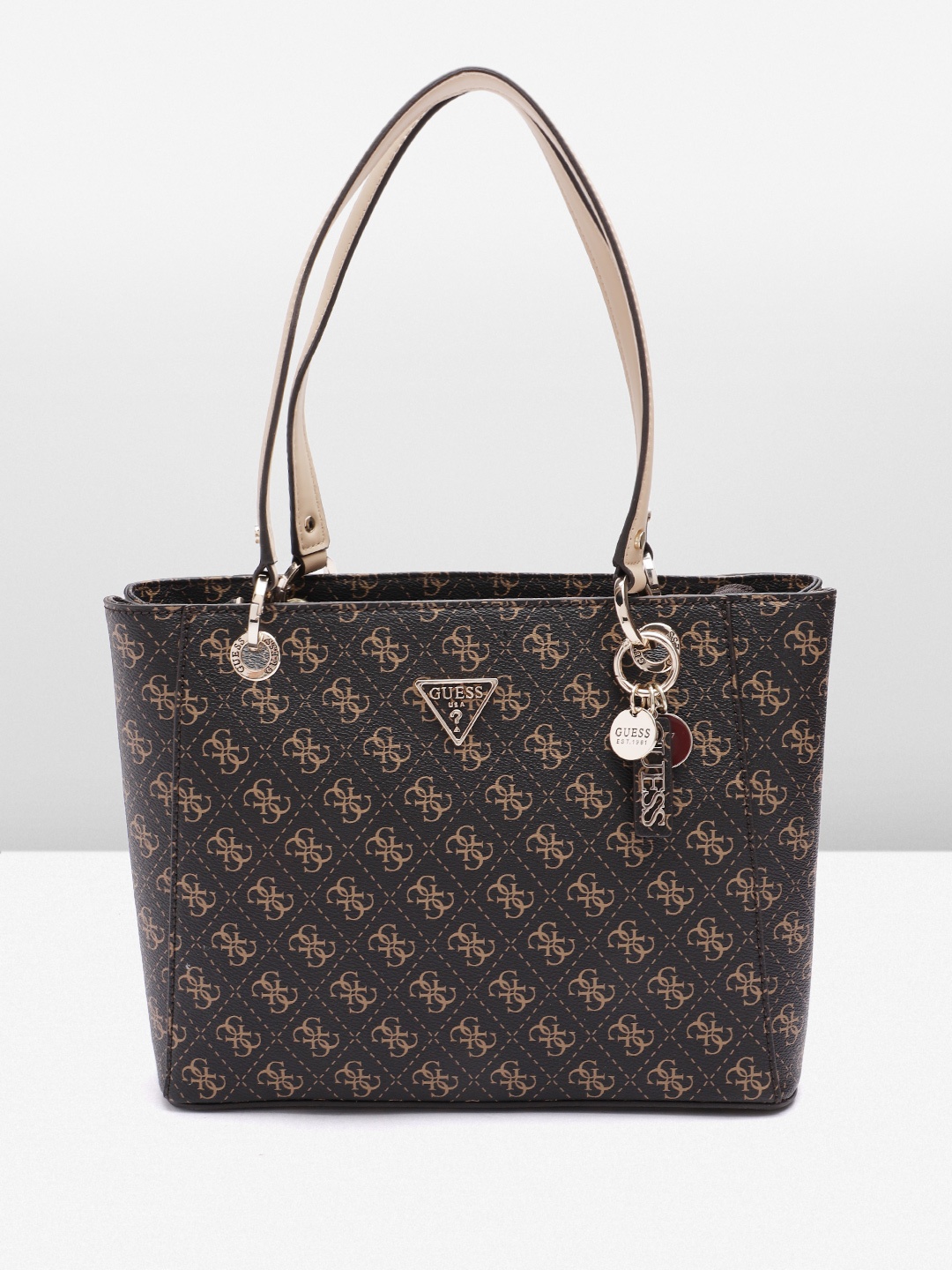 

GUESS Brand Logo Printed Structured Shoulder Bag, Brown