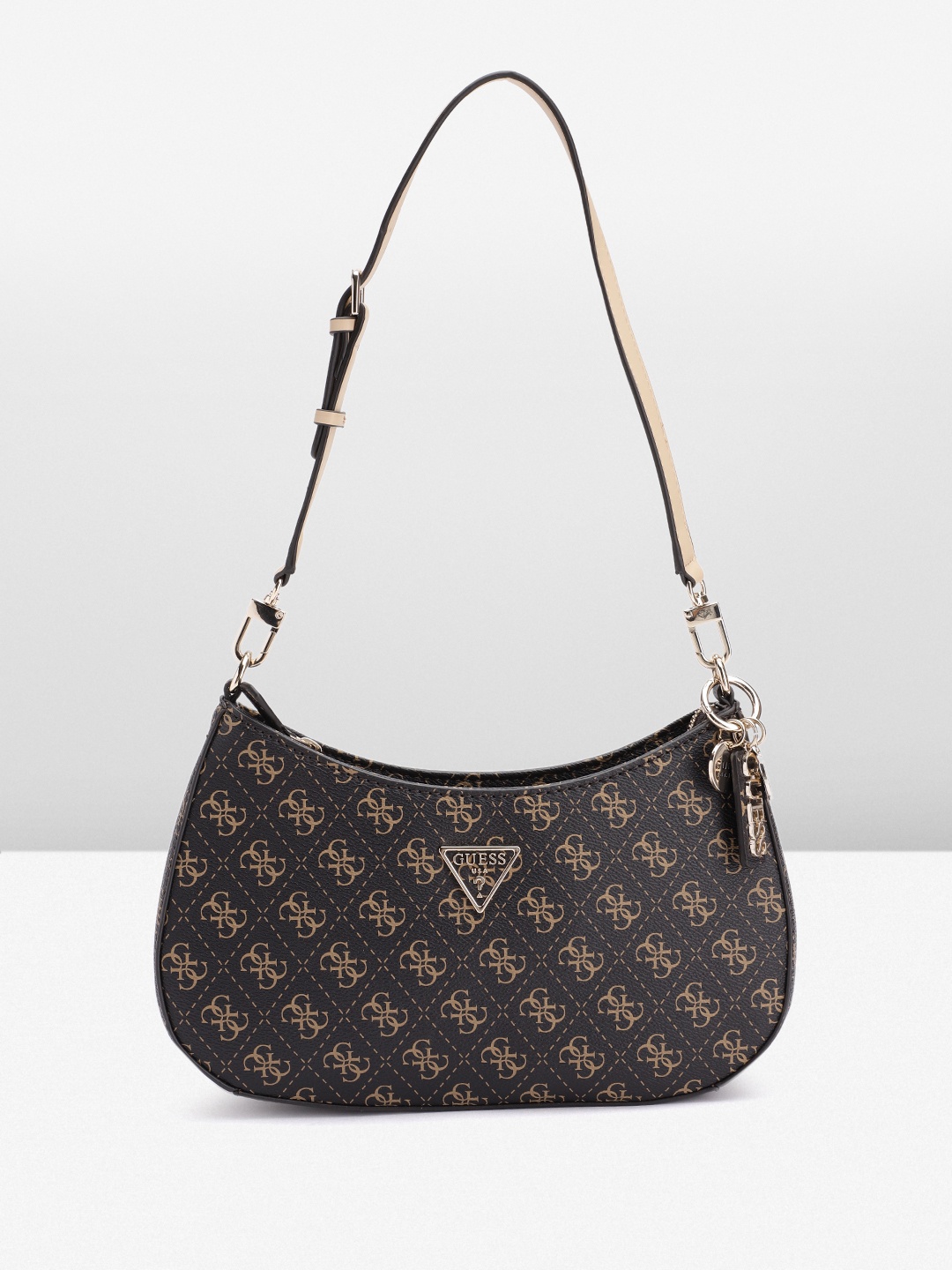

GUESS Brand Logo Printed Structured Shoulder Bag, Brown