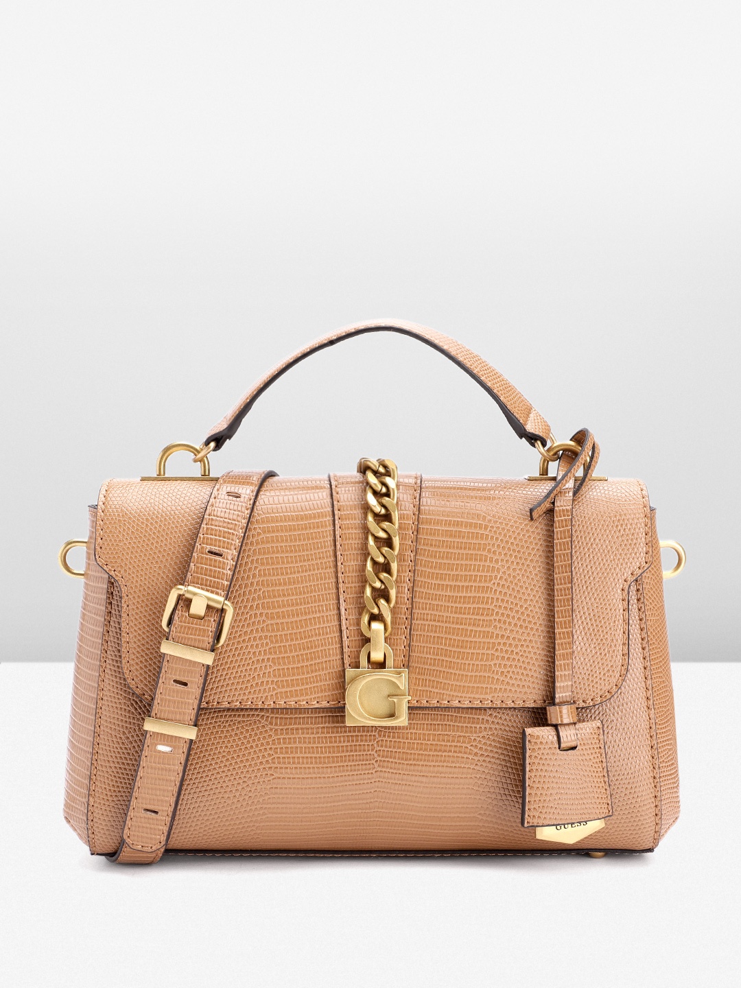 

GUESS Snakeskin Textured Structured Satchel, Tan