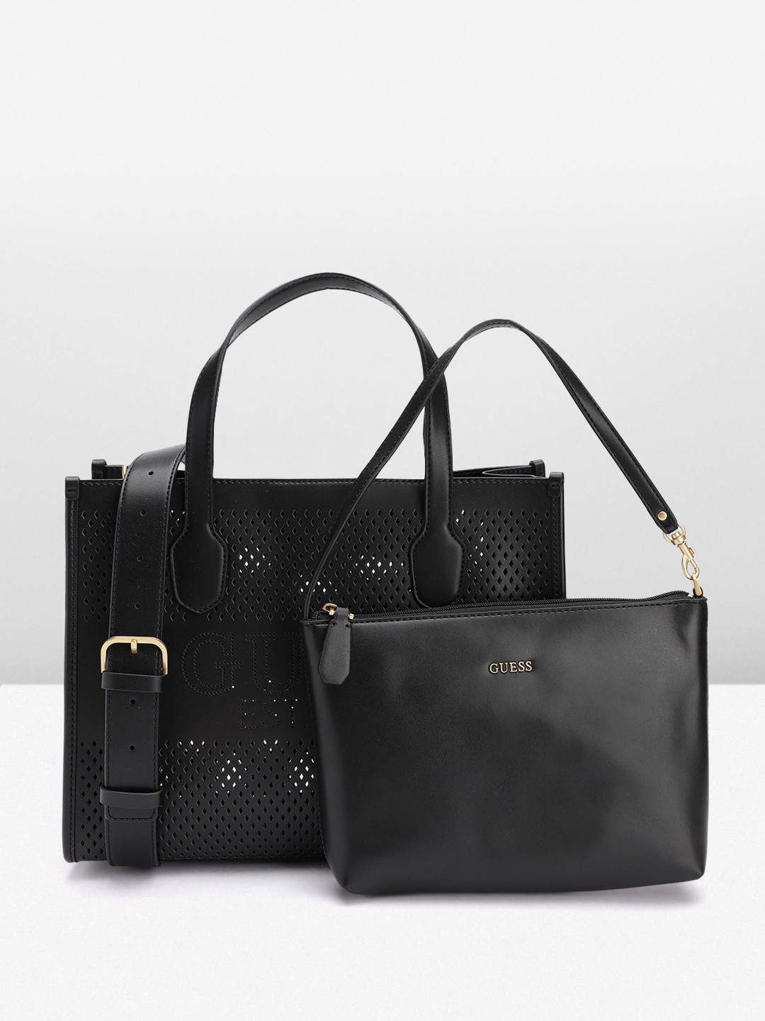 

GUESS Laser Cut Structured Handheld Bag with Pouch, Black