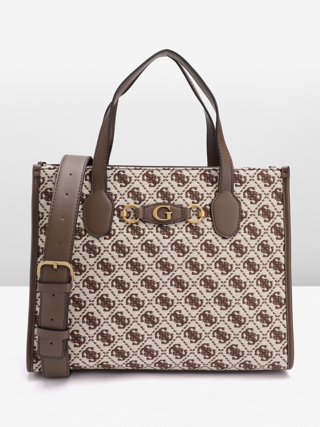 

GUESS Brand Logo Woven Design Structured Handheld Bag, Brown