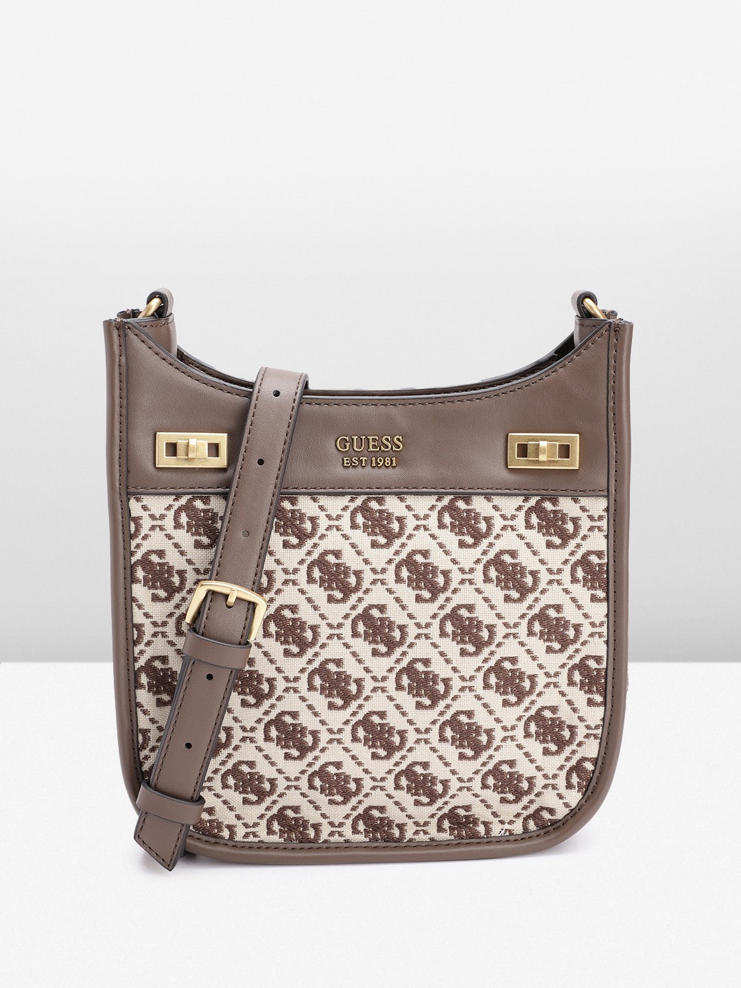 

GUESS Brand Logo Woven Design Structured Sling Bag, Brown
