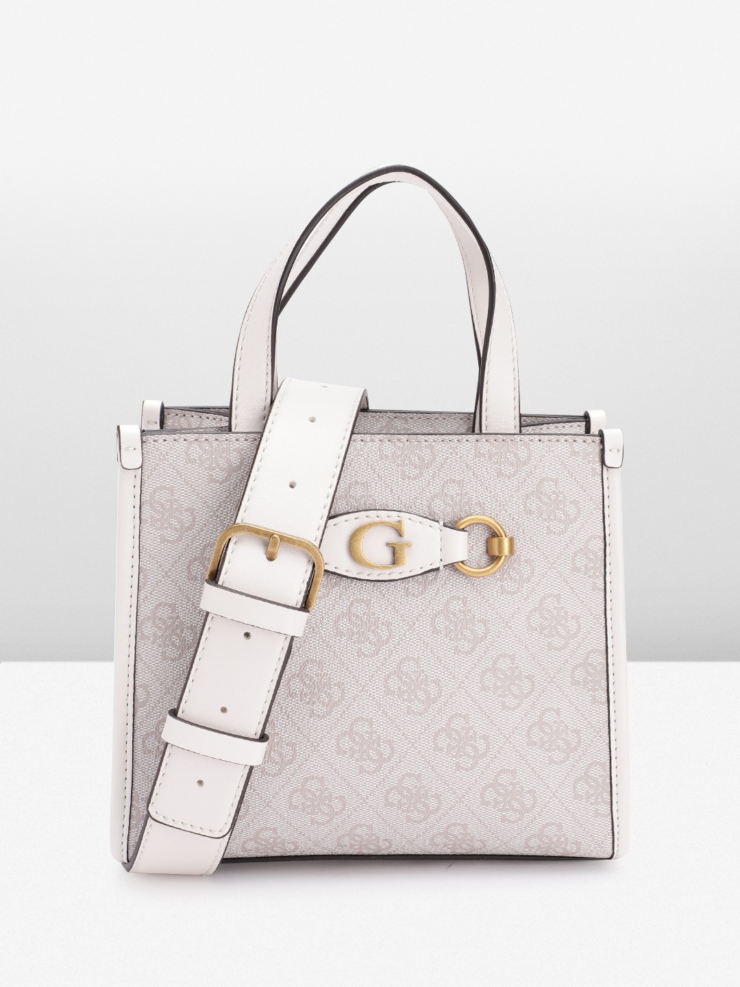 

GUESS Brand Logo Printed Structured Handheld Bag, White