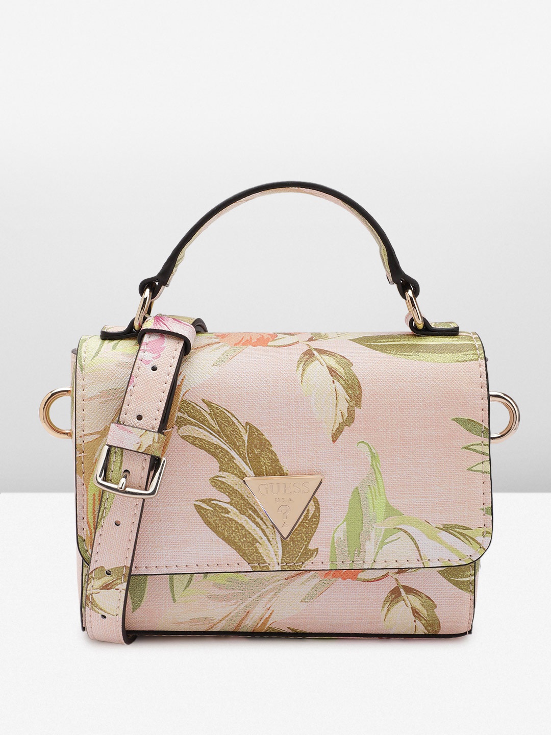 

GUESS Women Floral Printed Structured Satchel Bag, Peach
