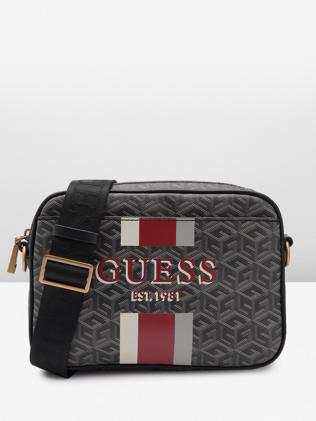 

GUESS Women Brand Printed Structured Sling Bag, Black