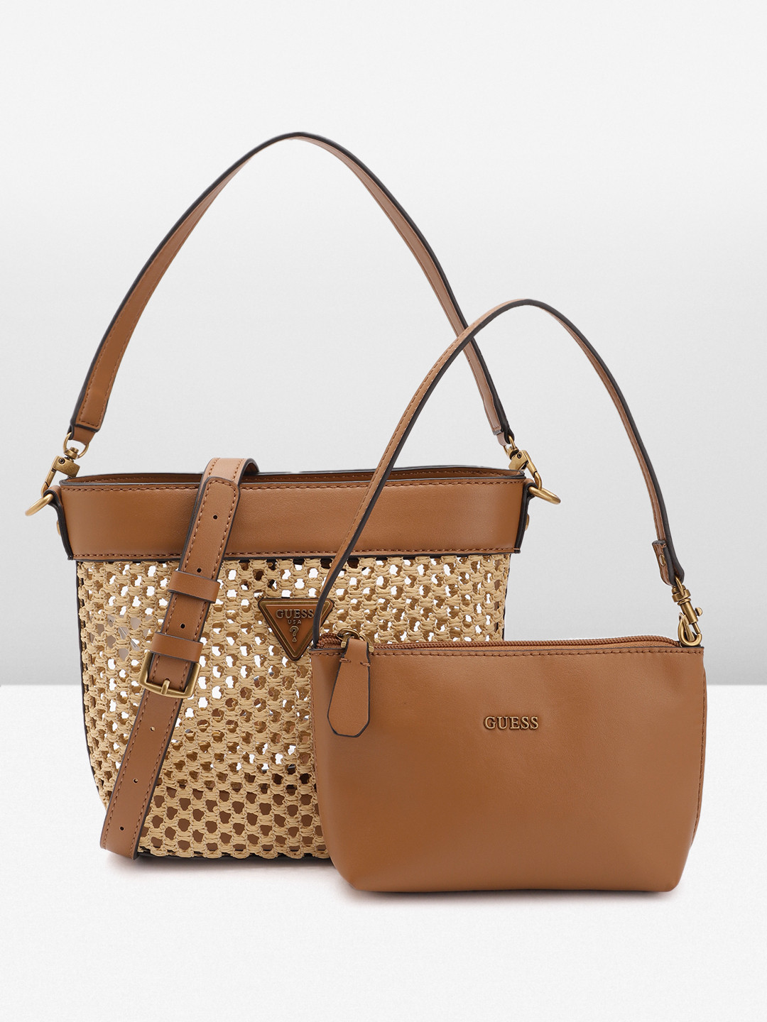 

GUESS Basket Weave Structured Shoulder Bag with Pouch, Brown