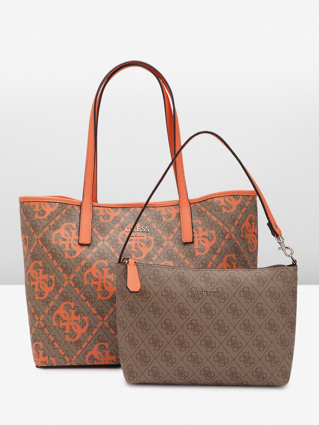 

GUESS Brand Logo Printed Structured Shoulder Bag with Pouch, Brown