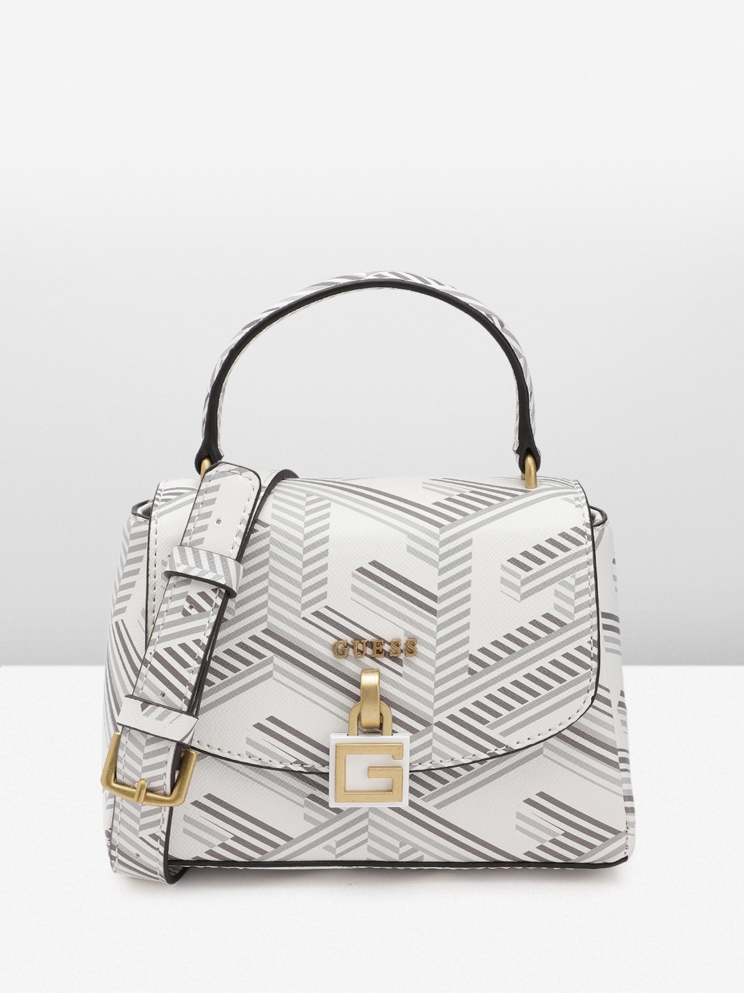 GUESS Brand Logo Printed Structured Satchel, White