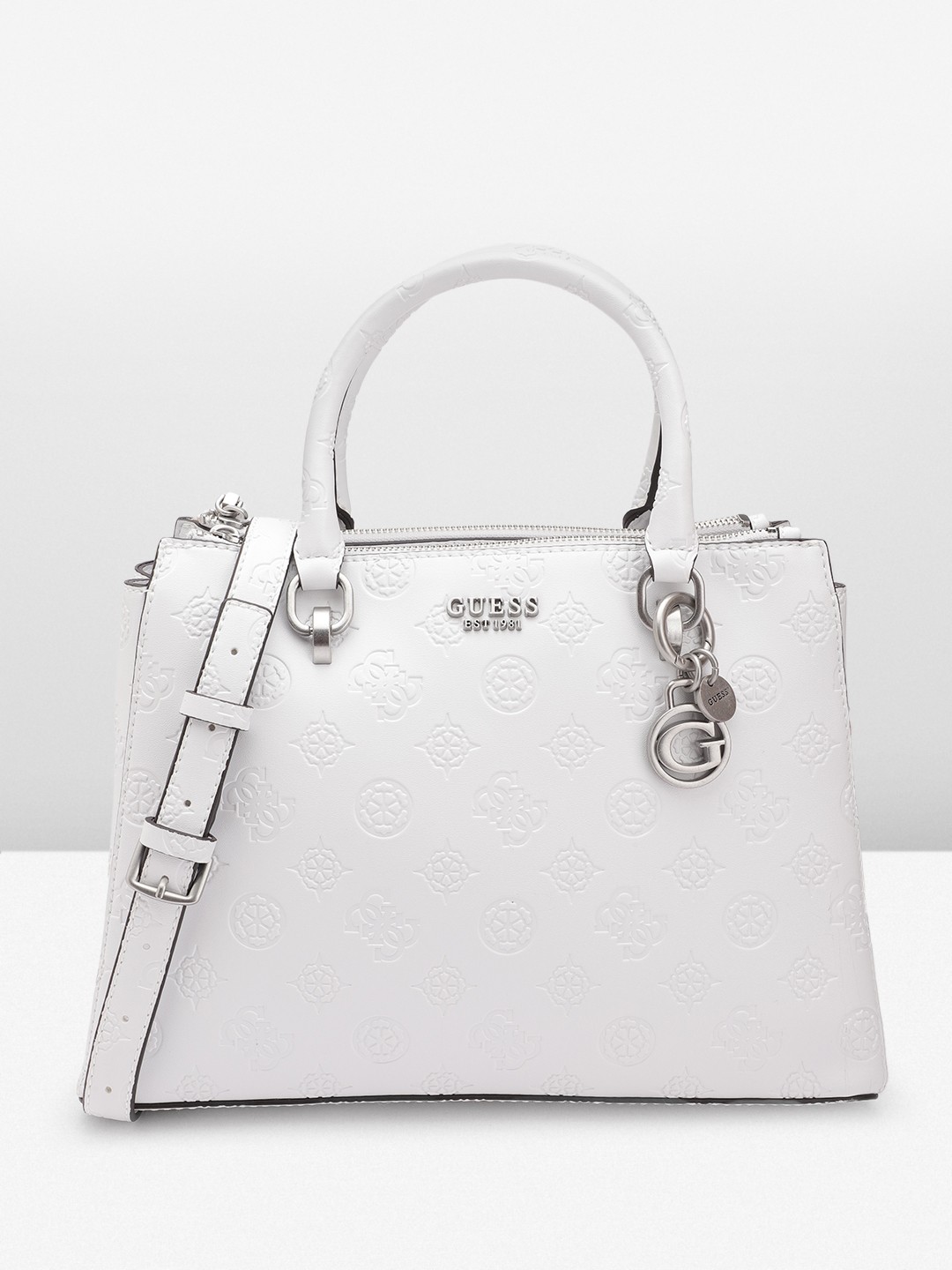 

GUESS Brand Logo Textured Structured Handheld Bag, White