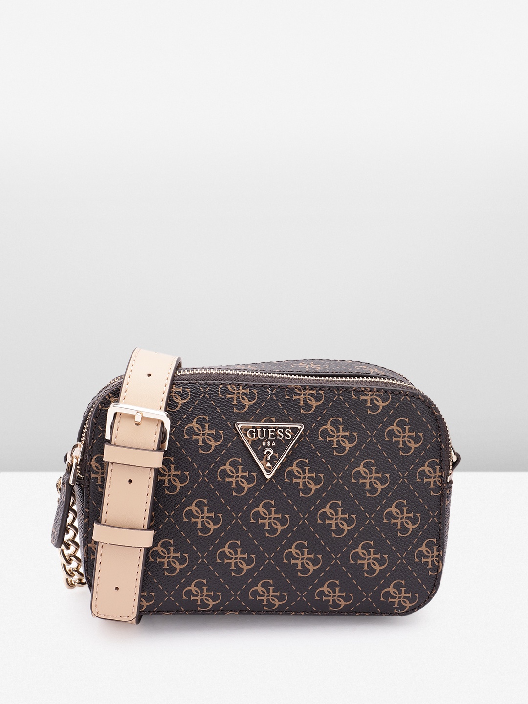 GUESS Brand Logo Printed Structured Shoulder Bag, Brown