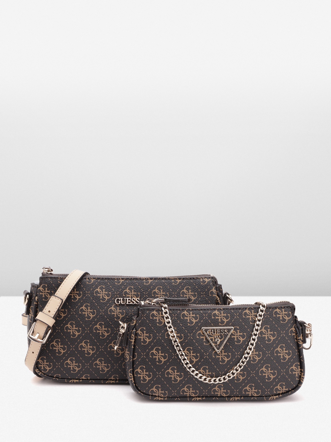 

GUESS Women Brand Logo Printed Structured Sling Bag with Pouch, Black