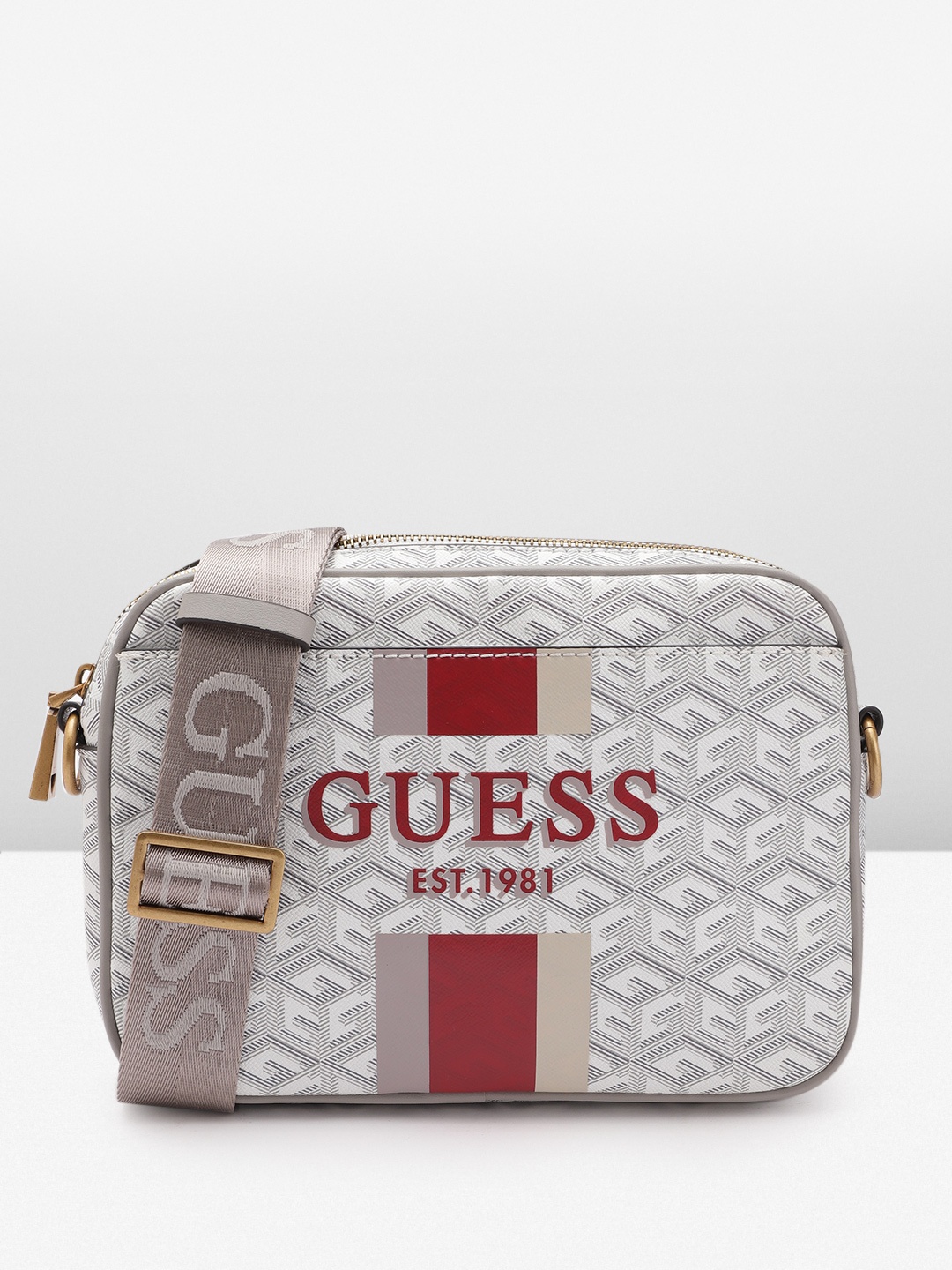 

GUESS Brand Logo Printed Structured Sling Bag, White