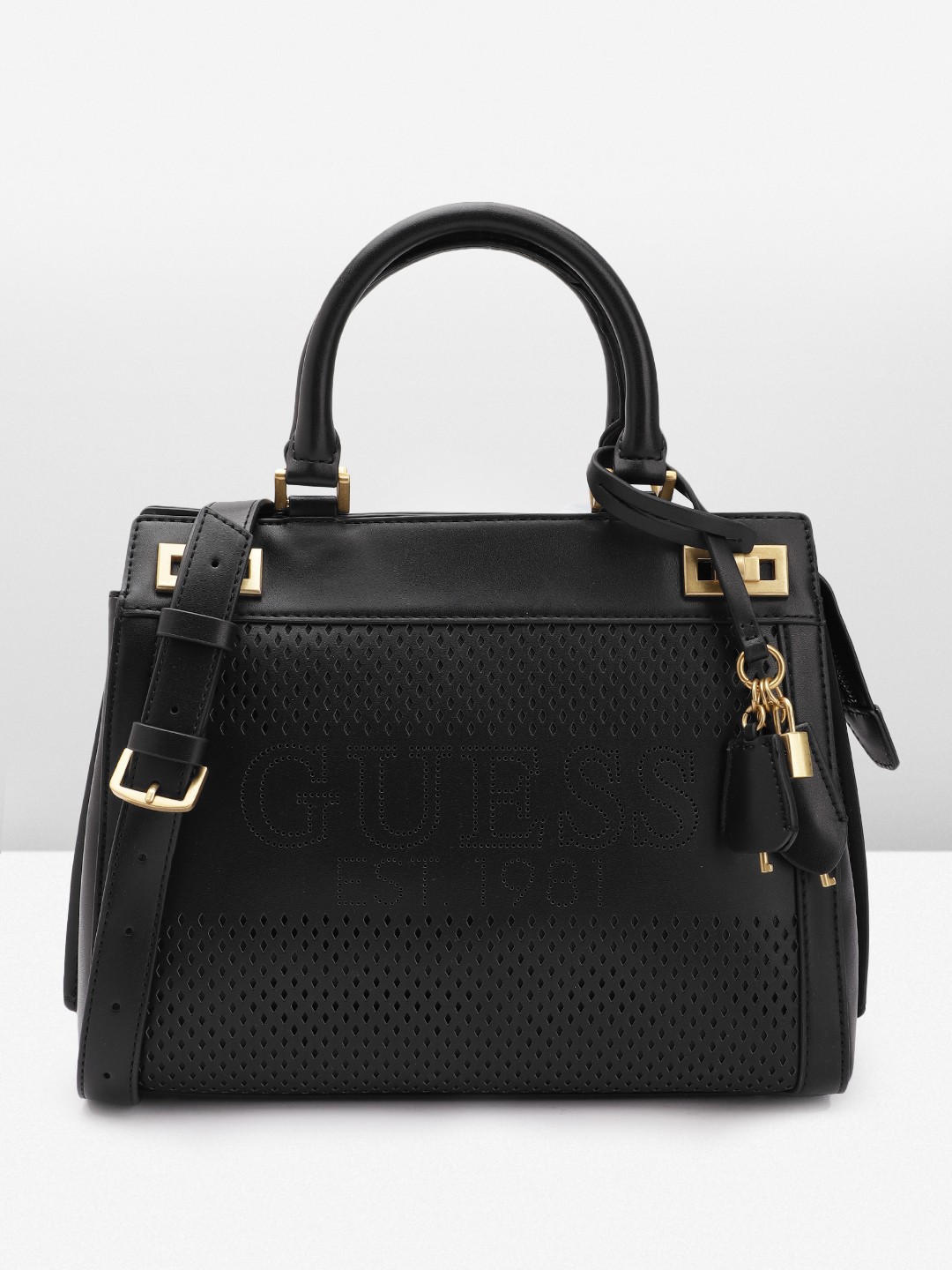 

GUESS Structured Handheld Bag with Cut Work Detail, Black
