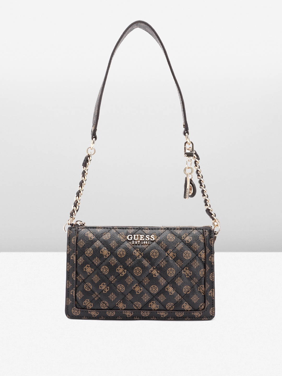 

GUESS Women Ethnic Motifs Printed Structured Shoulder Bag with Quilted Detail, Black