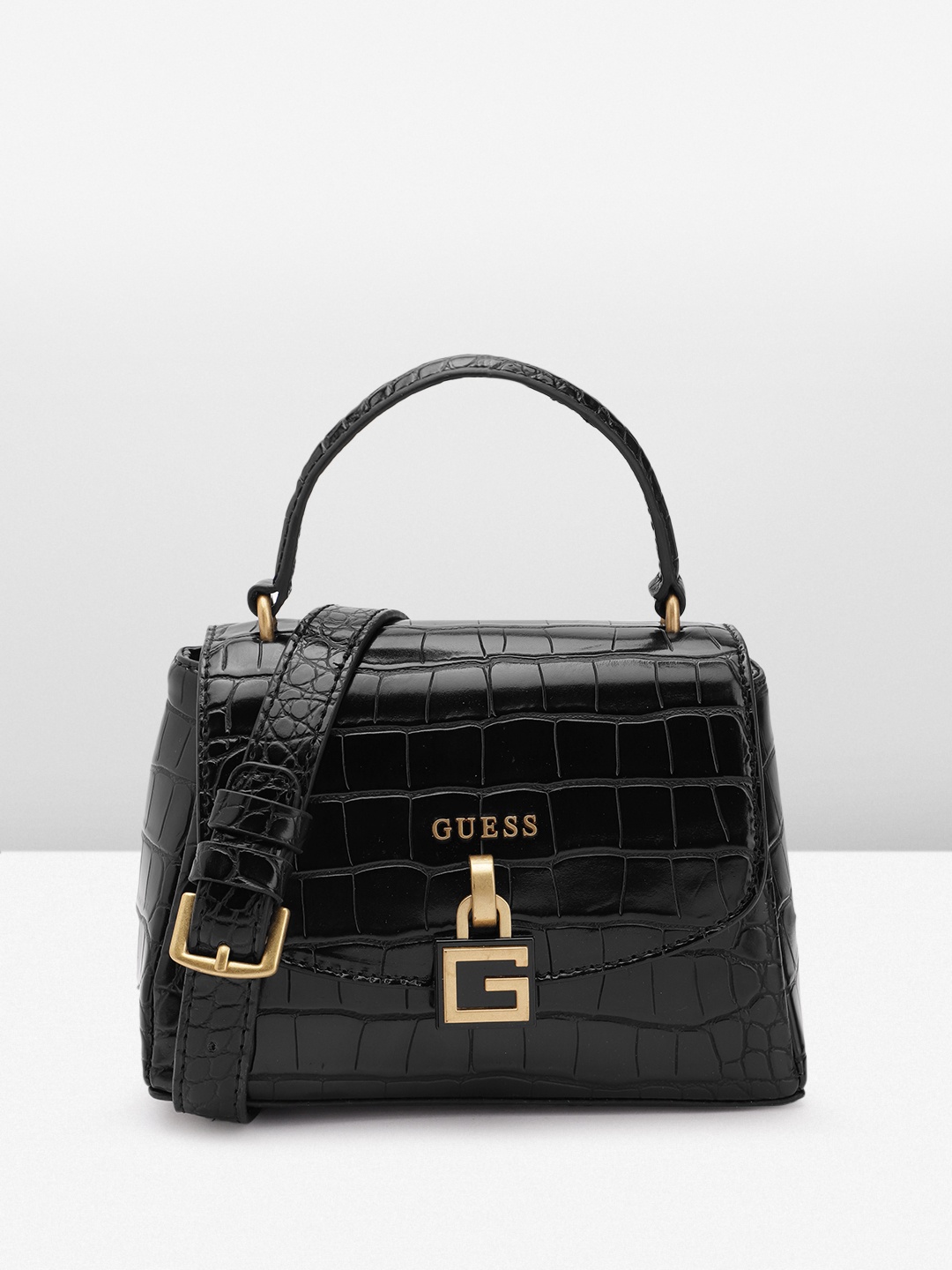 

GUESS Croc-Textured Structured Satchel, Black