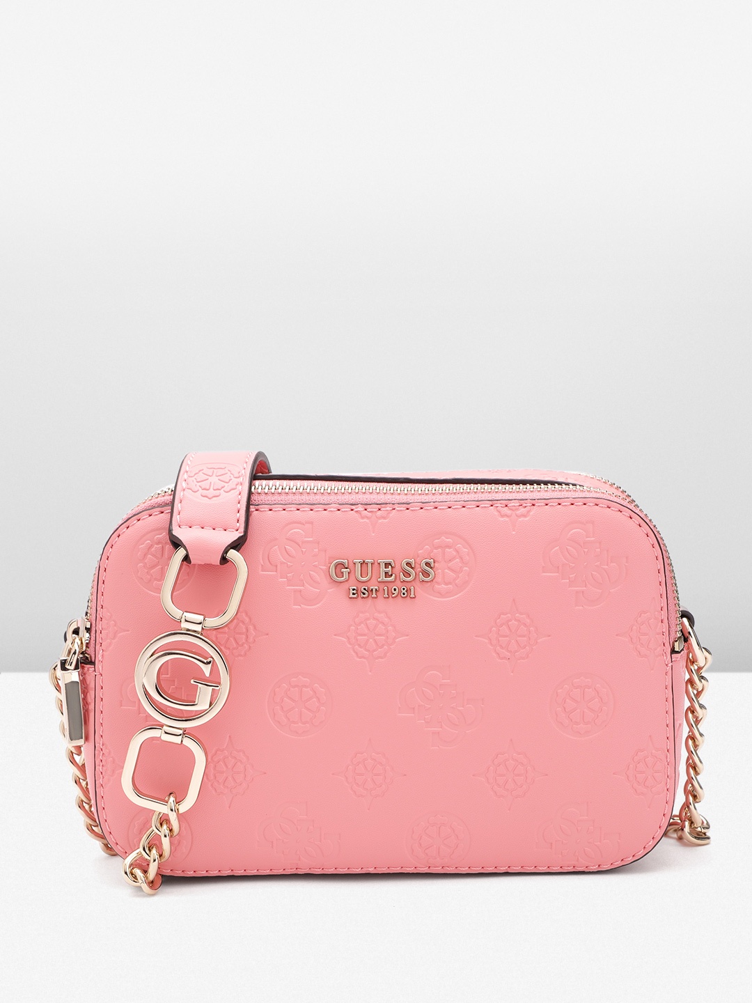 

GUESS Women Ethnic Motifs & Brand Logo Textured Structured Sling Bag, Coral