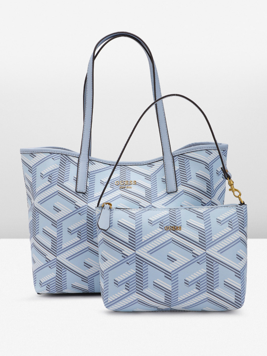 

GUESS Women Brand Logo Printed Structured Shoulder Bag with Pouch, Blue