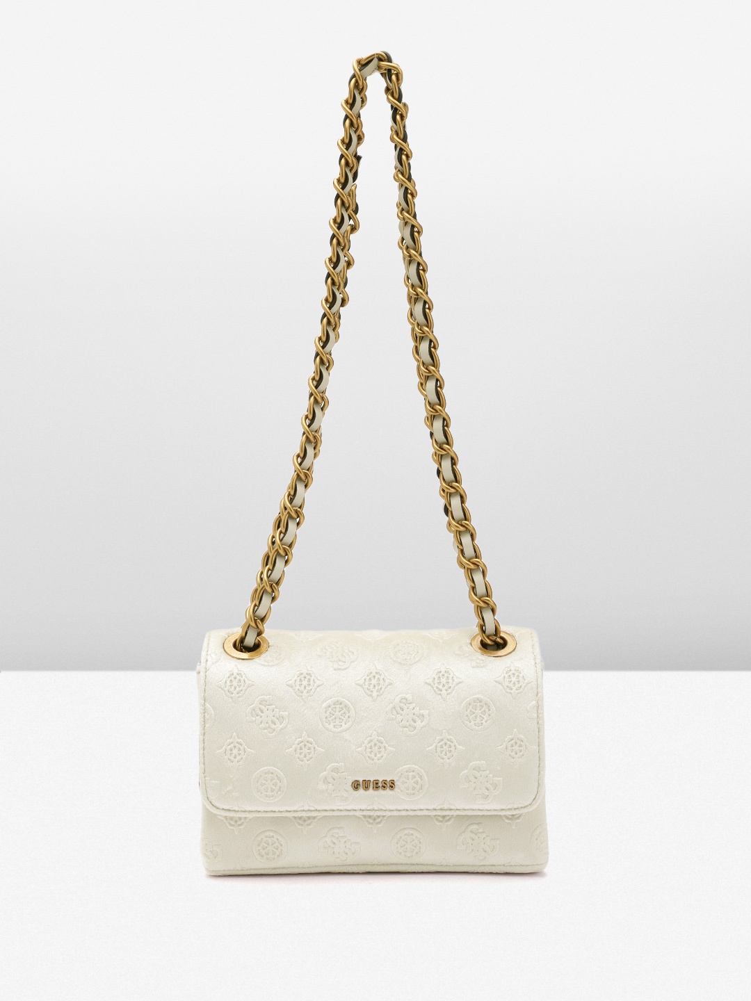 

GUESS Women Ethnic Motifs & Brand Logo Textured Structured Sling Bag with Velvet Finish, Beige