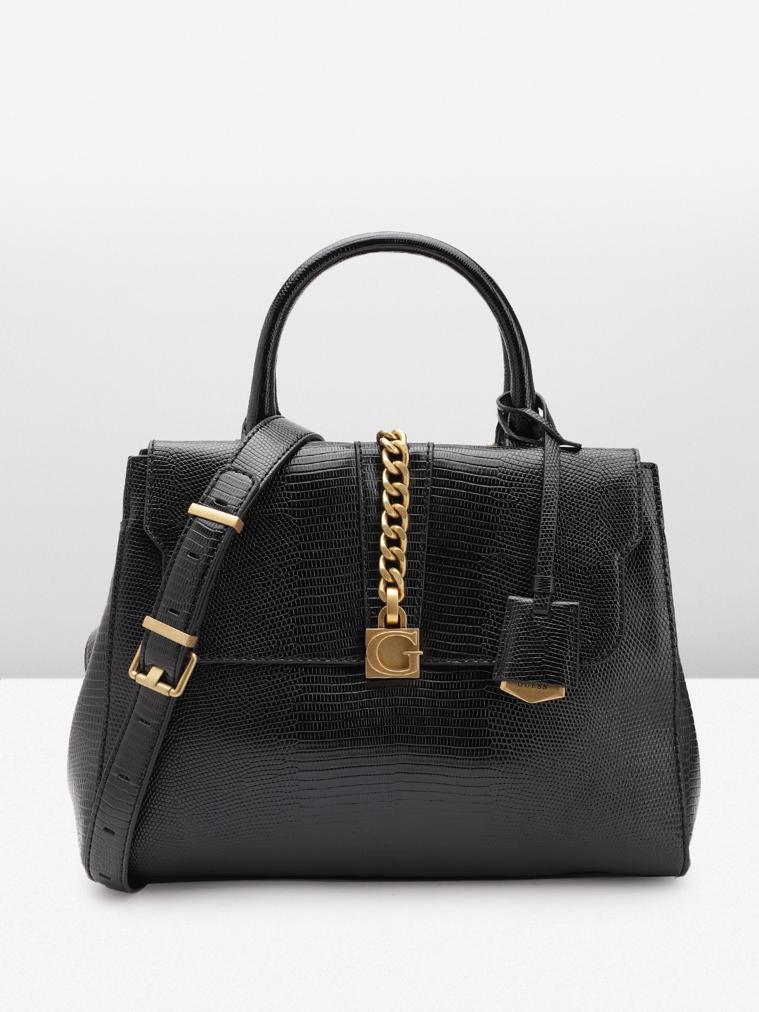 

GUESS Snake Skin Textured Structured Handheld Bag, Black