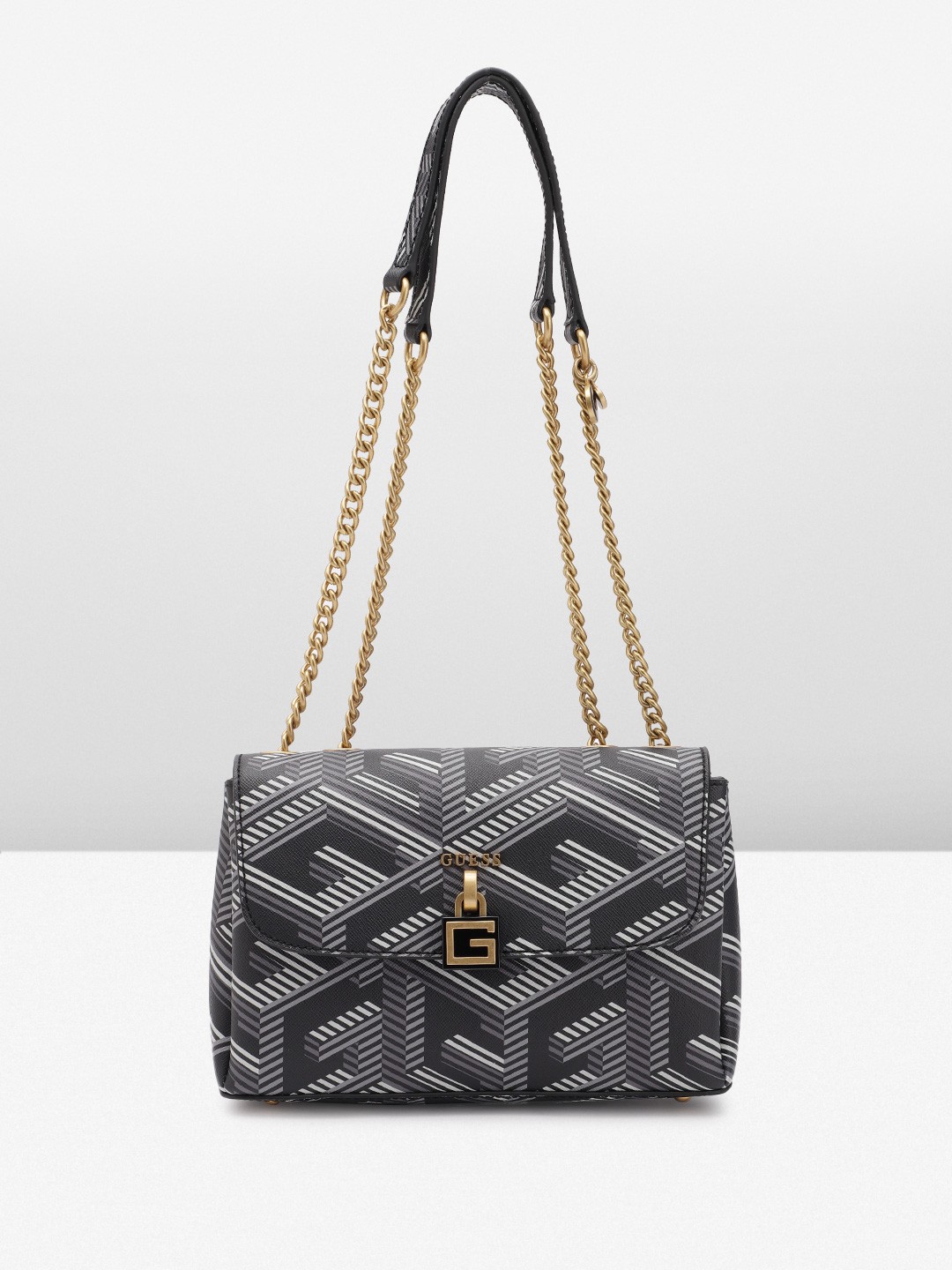 

GUESS Geometric Printed Structured Shoulder Bag, Black