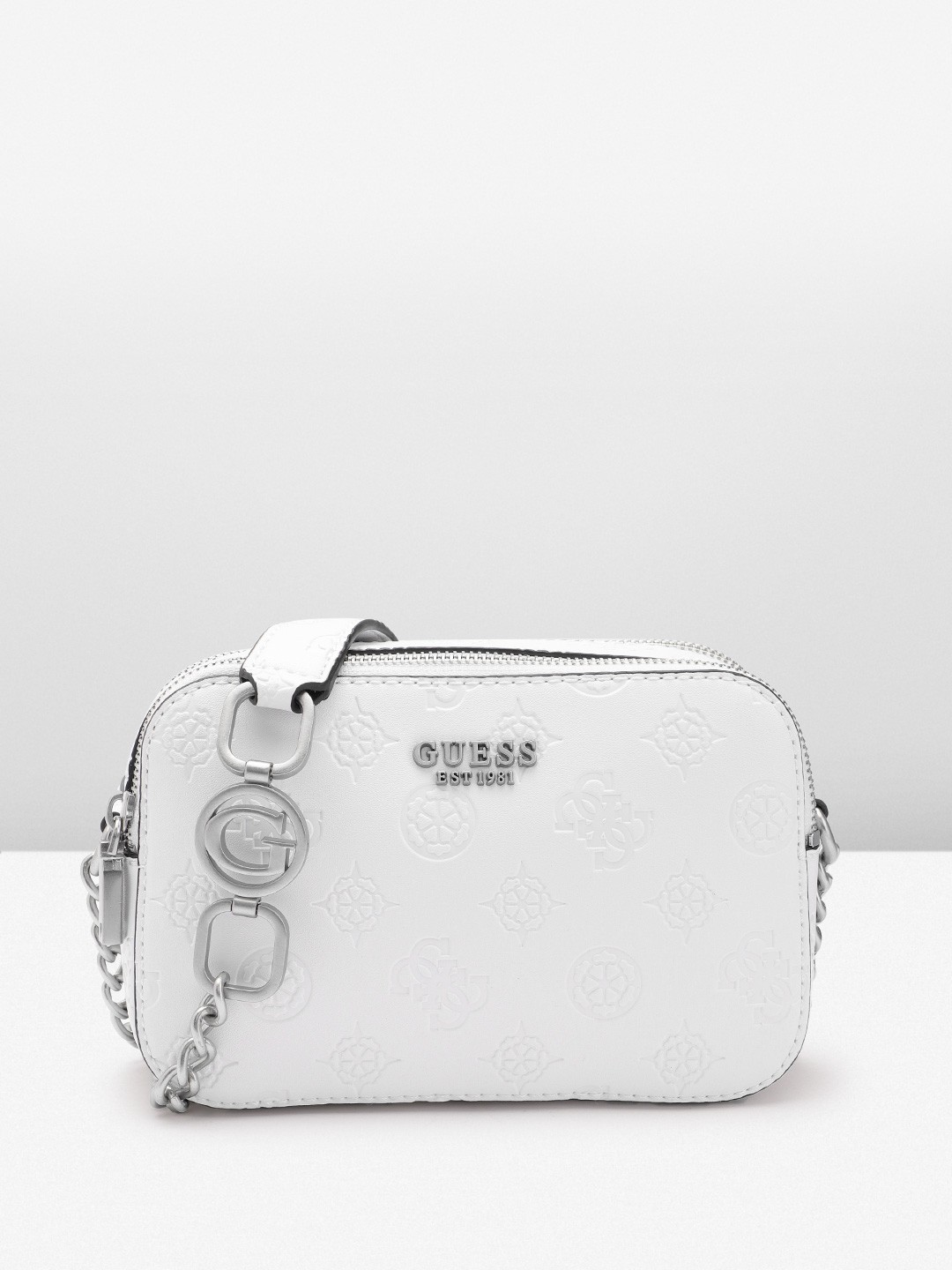 

GUESS Brand Logo Textured Structured Sling Bag, White