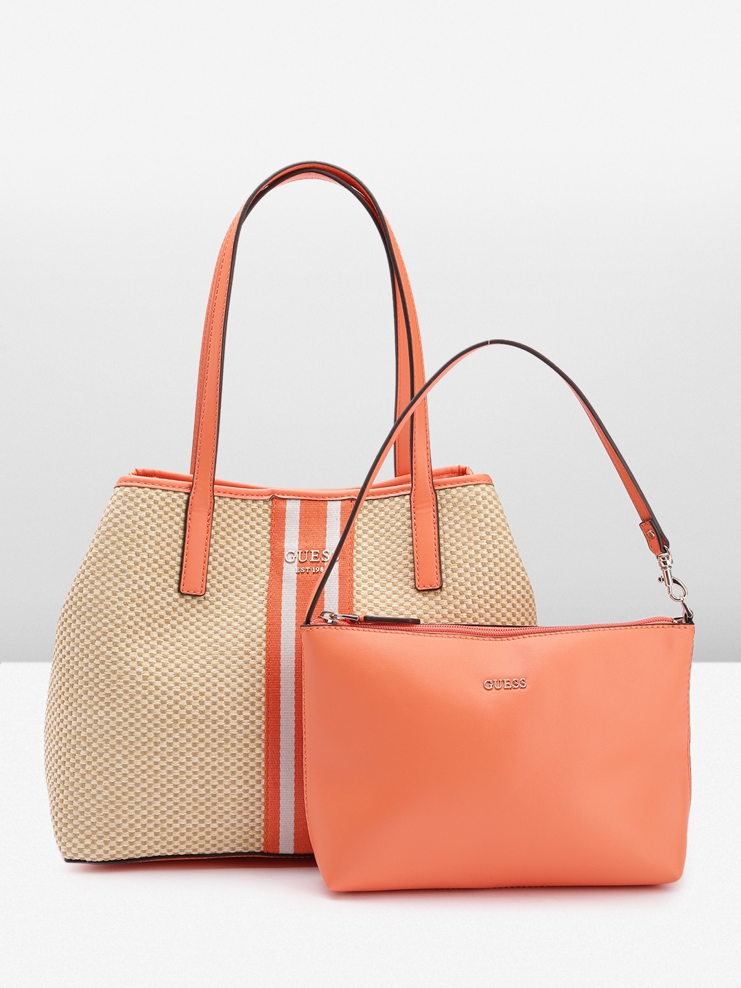GUESS Woven Design Textured Structured Shoulder Bag with Pouch, Beige