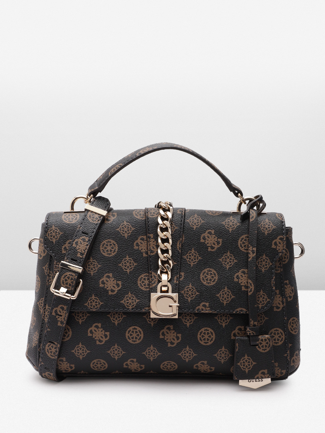 

GUESS Women Brand Logo Printed Structured Satchel Bag with Chain Detail, Black
