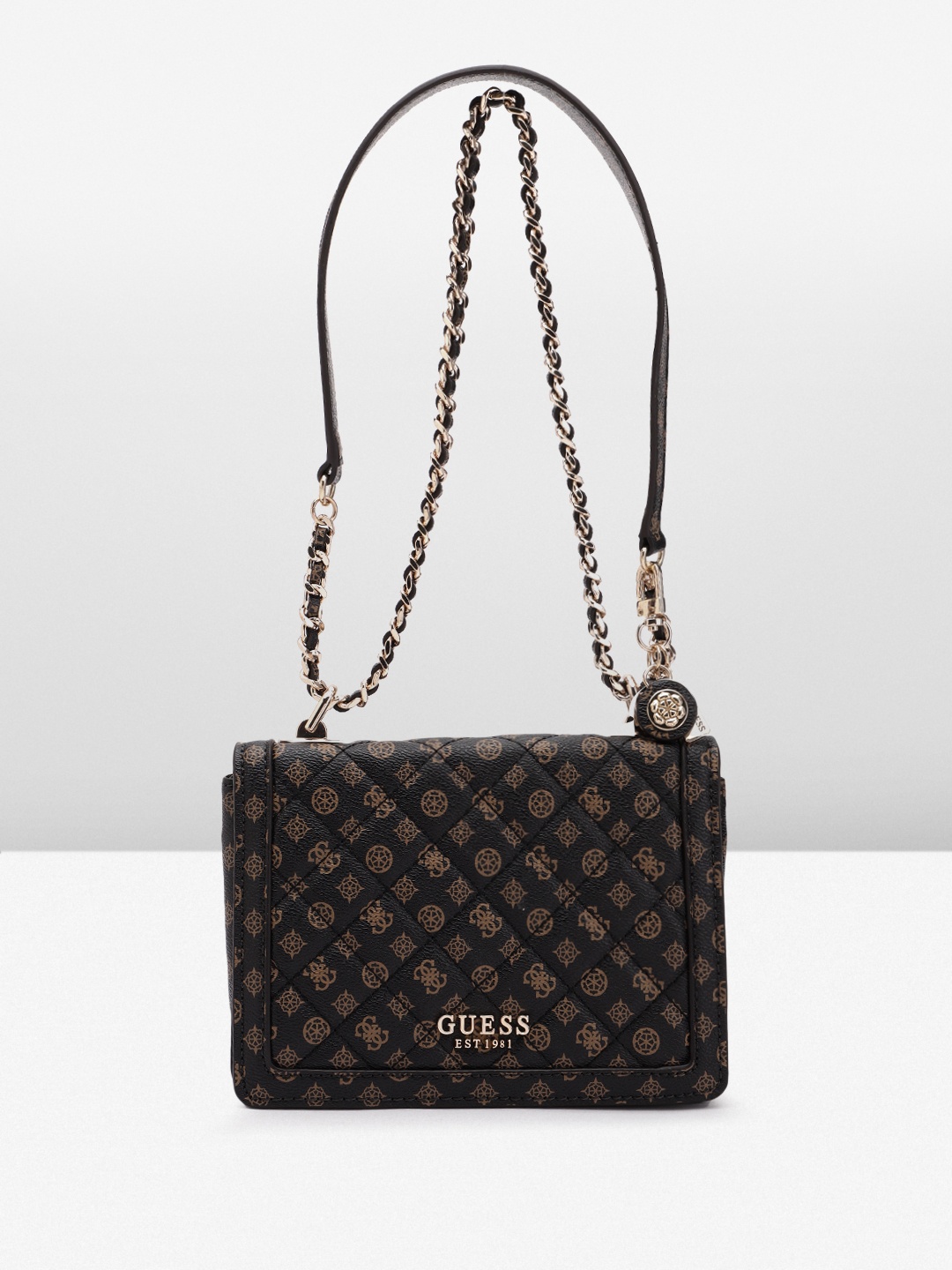 

GUESS Brand Logo Printed Structured Quilted Shoulder Bag, Brown