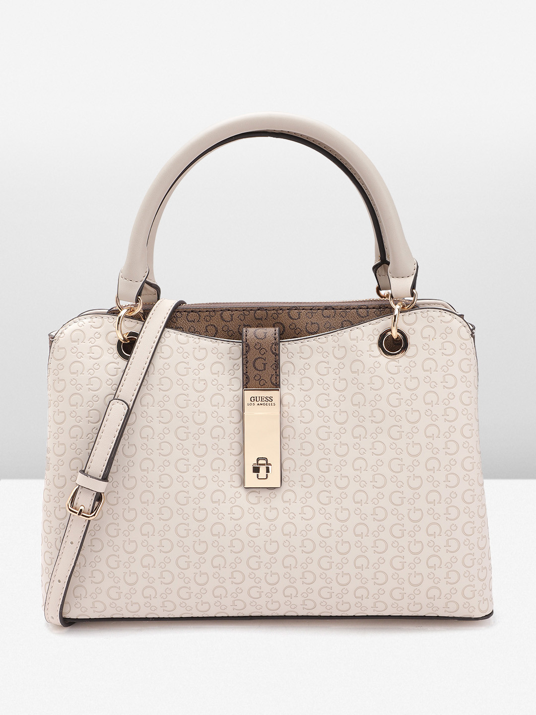 

GUESS Brand Logo Textured Structured Handheld Bag, Beige
