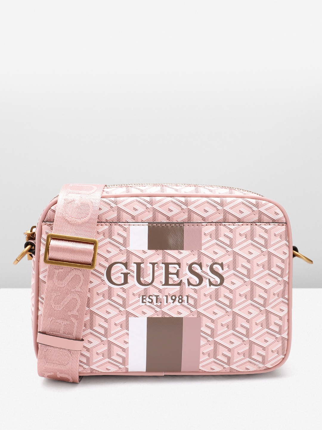 

GUESS Brand Logo Printed Structured Sling Bag, Pink