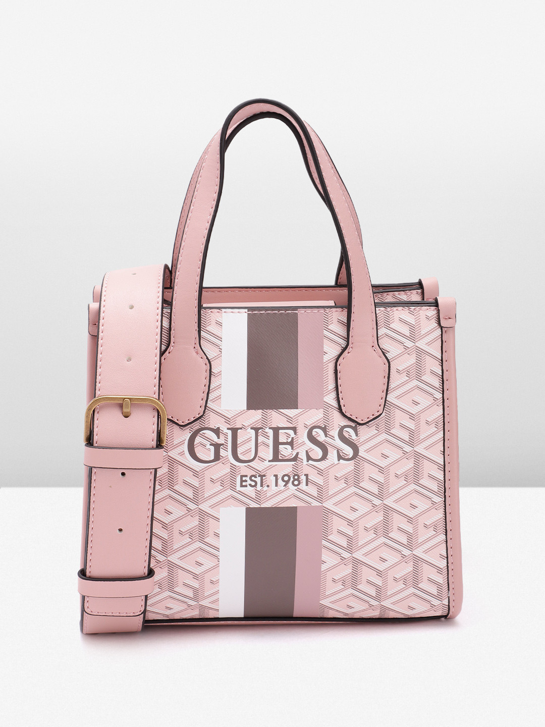 

GUESS Brand Logo Printed Structured Handheld Bag, Pink