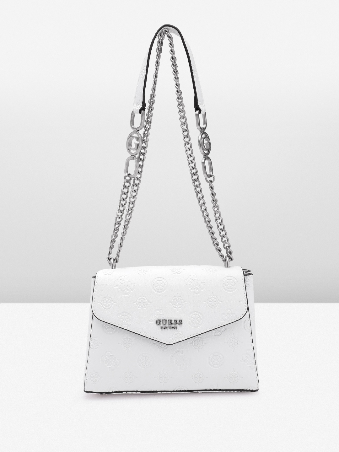 

GUESS Brand Logo Textured Structured Shoulder Bag, White