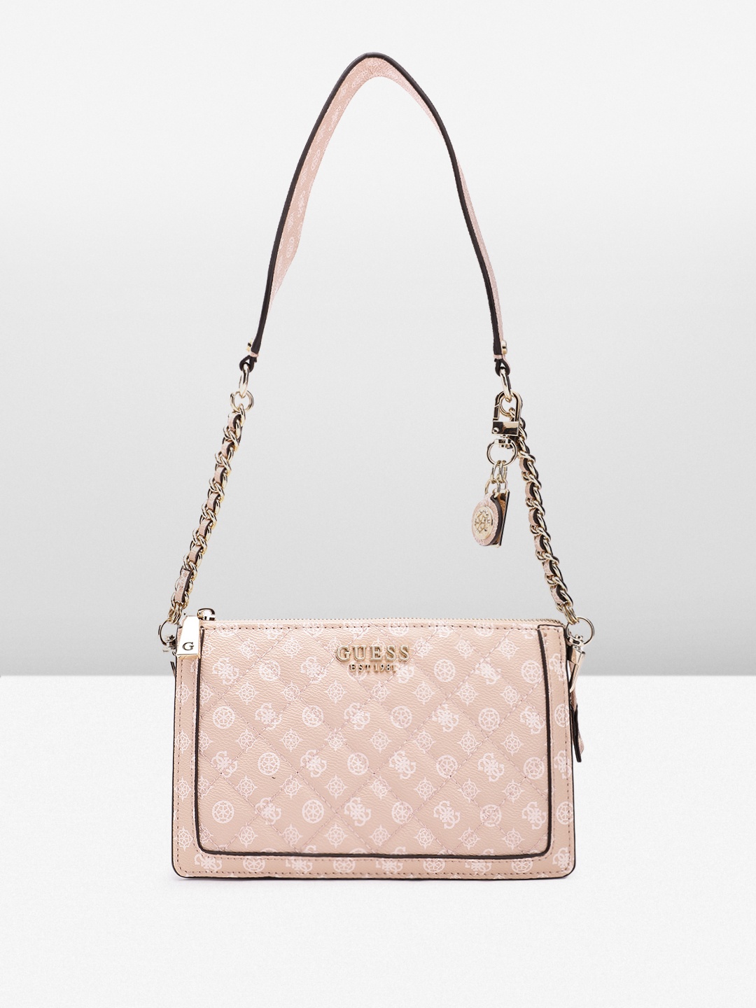 

GUESS Women Ethnic Motifs Printed Structured Shoulder Bag with Quilted Detail, Pink
